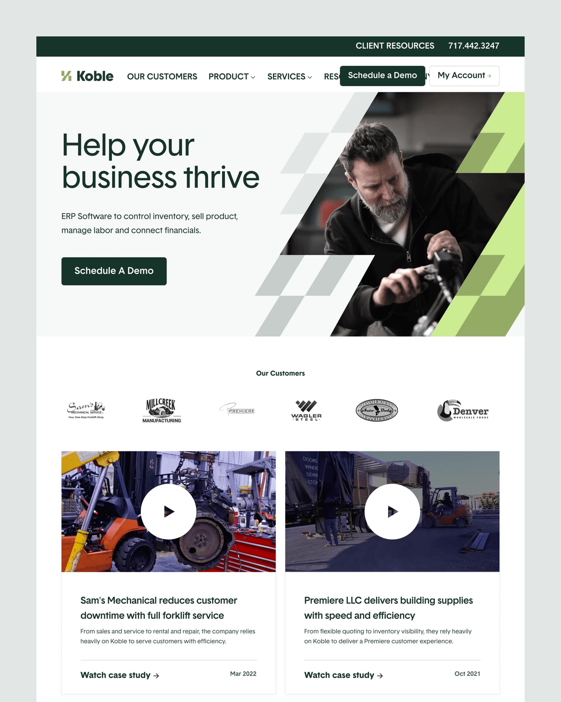Koble homepage with customer stories and a Help your business thrive headline.