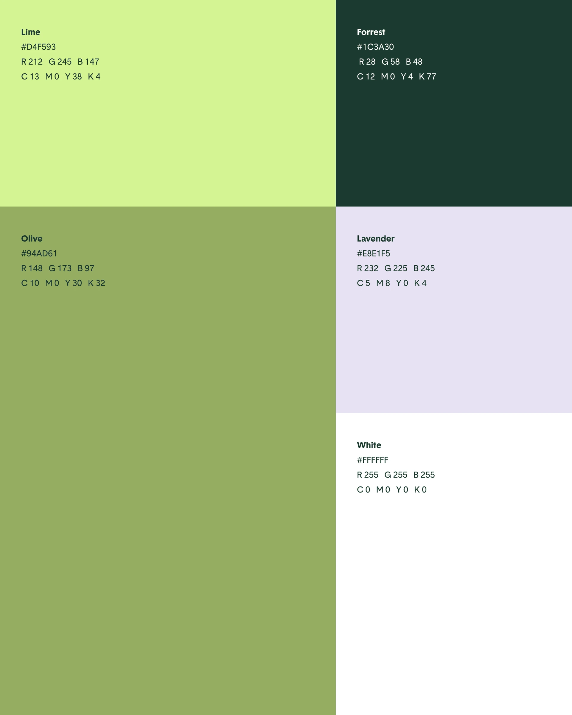 Koble’s palette of lime, forest green, olive, pale lavender, and white.