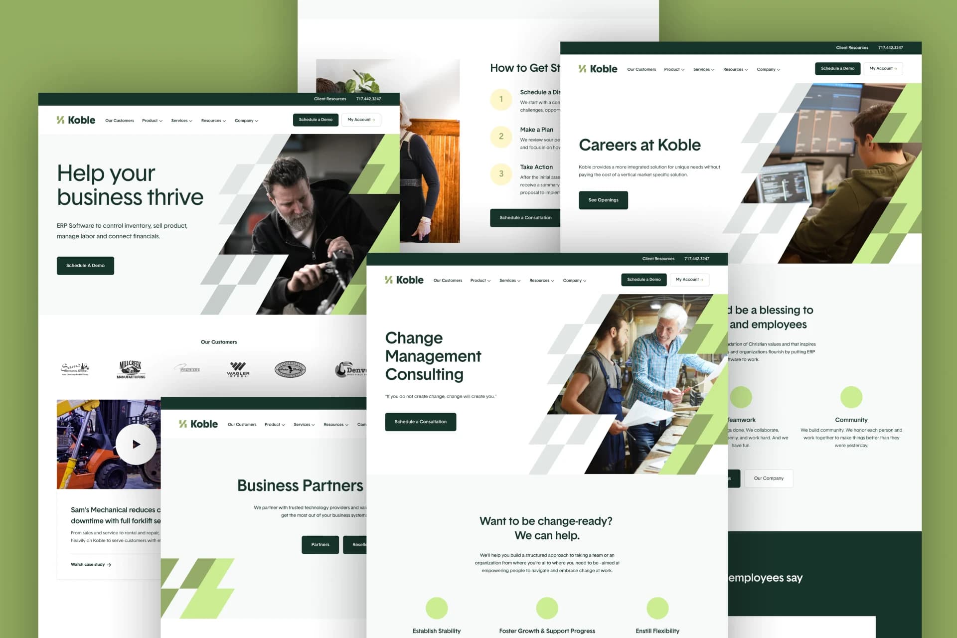A collection of Koble website designs, including careers and consulting.