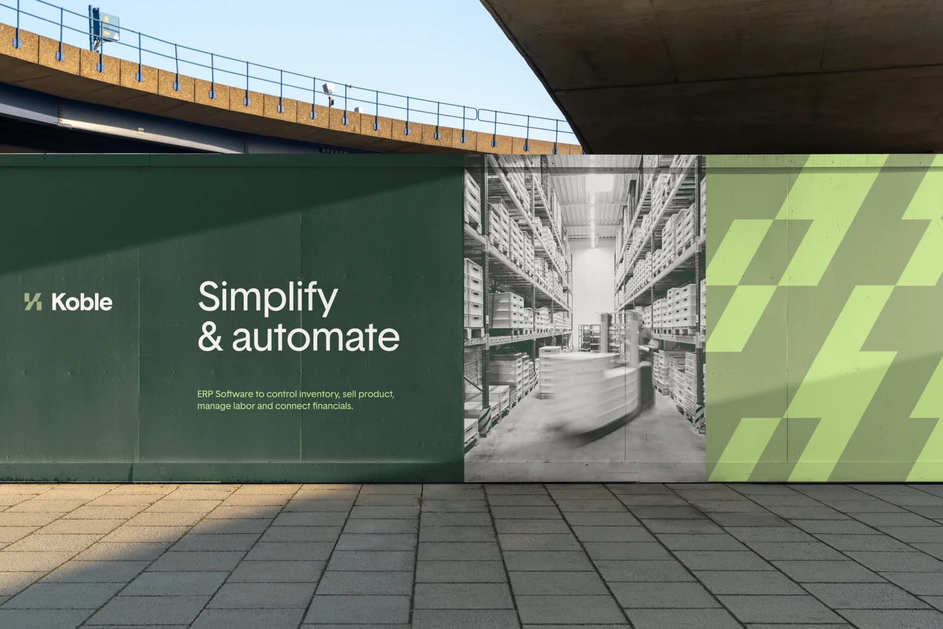 Koble identity across a green outdoor campaign with angular graphic patterns.